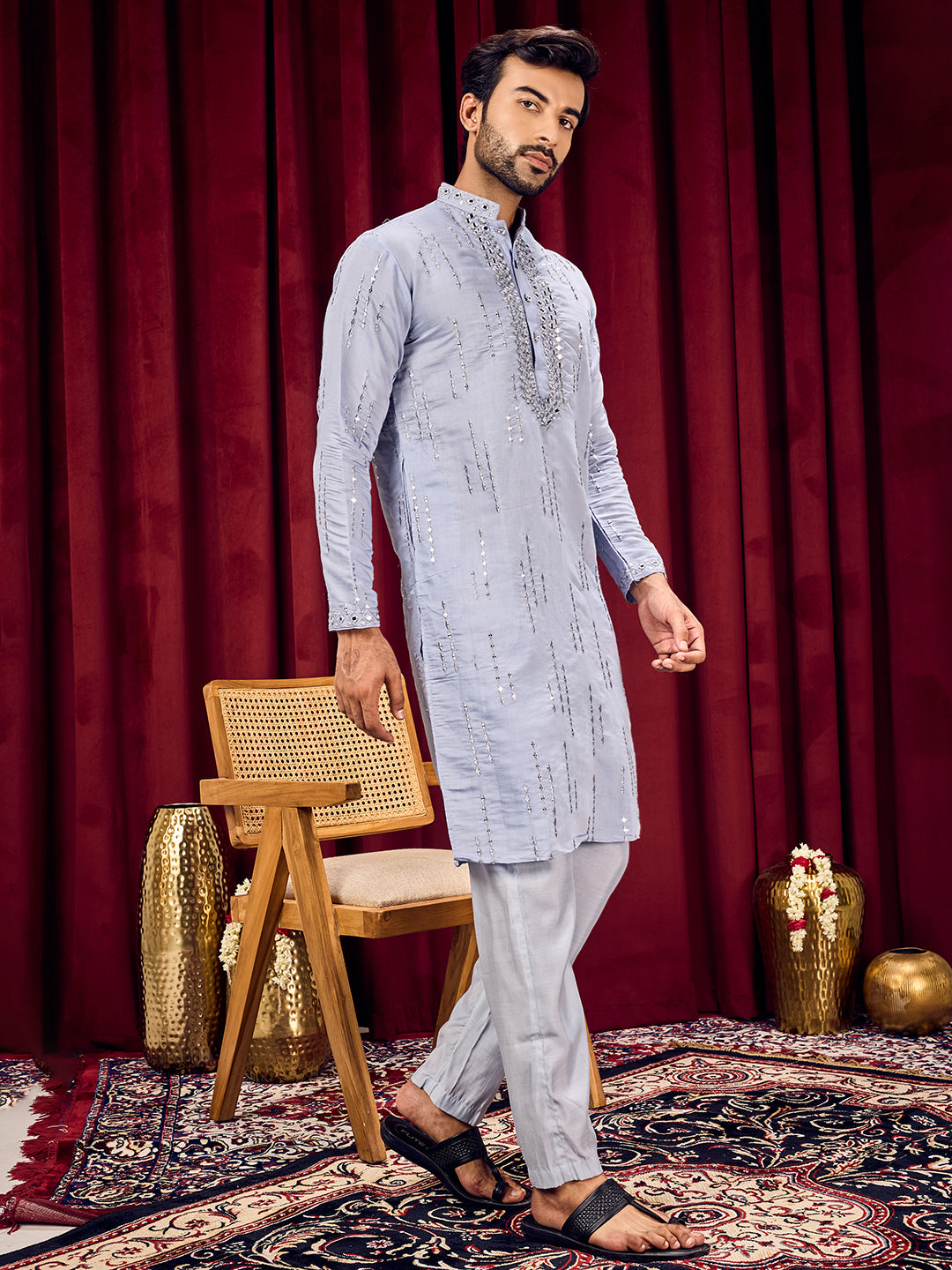 Roshni Blue Real Mirror Neck Kurta With Sequined Embroidery Kurta Set