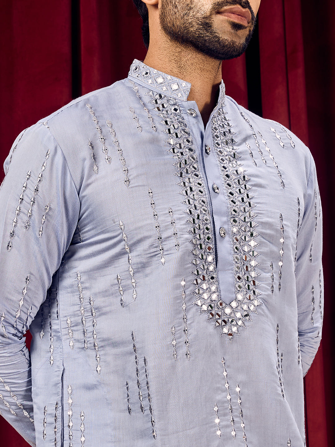 Roshni Blue Real Mirror Neck Kurta With Sequined Embroidery Kurta Set