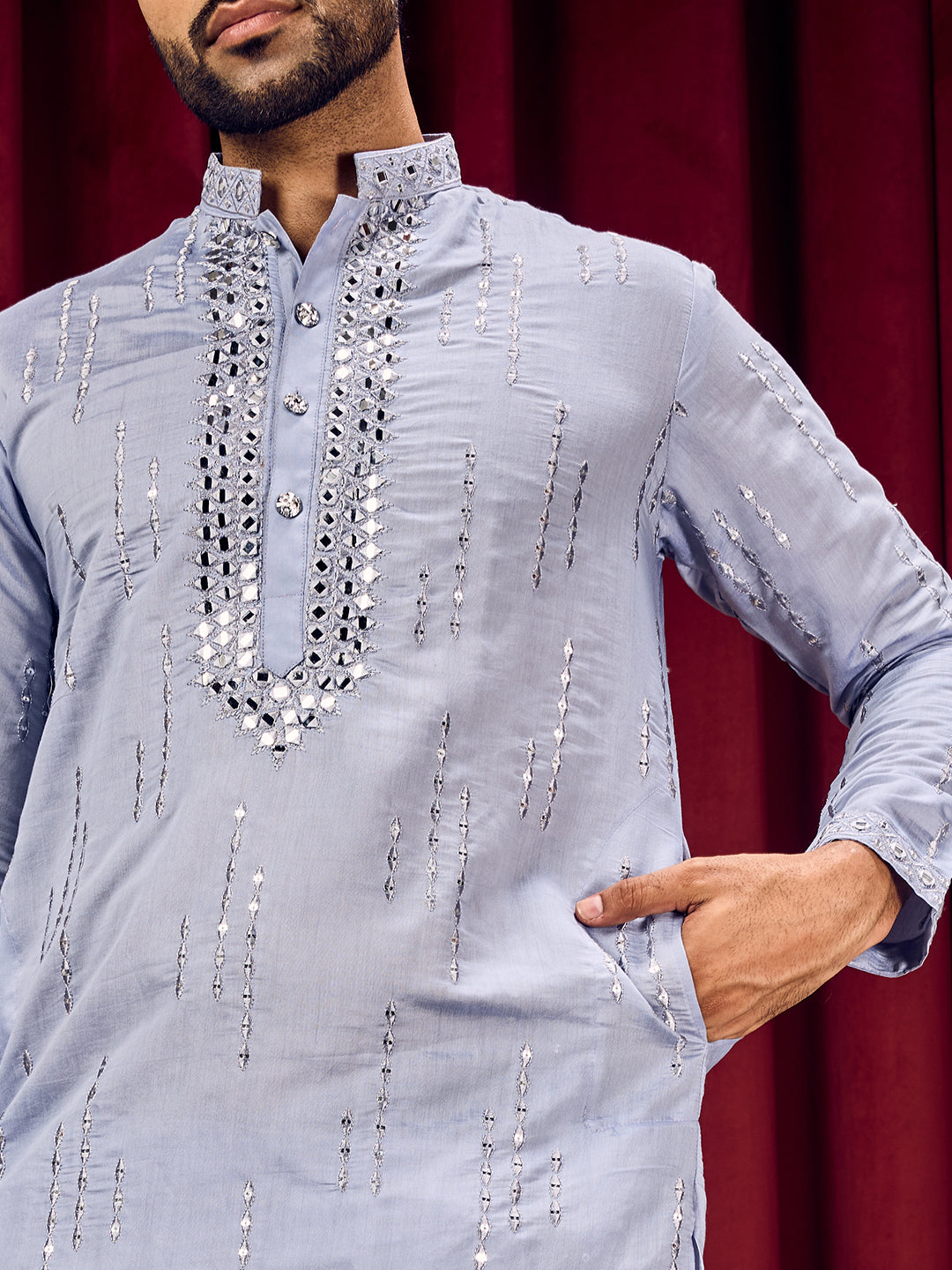 Roshni Blue Real Mirror Neck Kurta With Sequined Embroidery Kurta Set