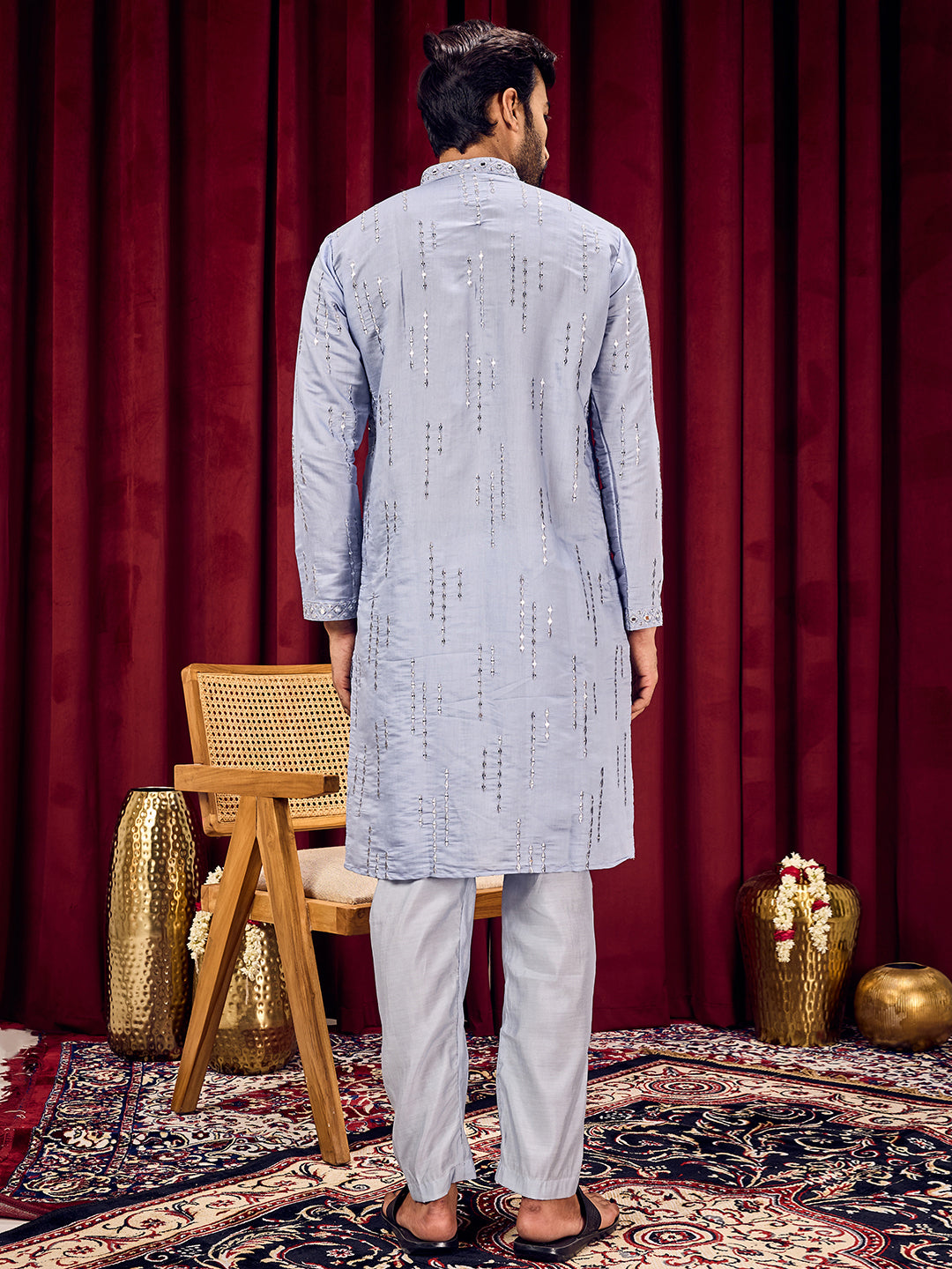 Roshni Blue Real Mirror Neck Kurta With Sequined Embroidery Kurta Set