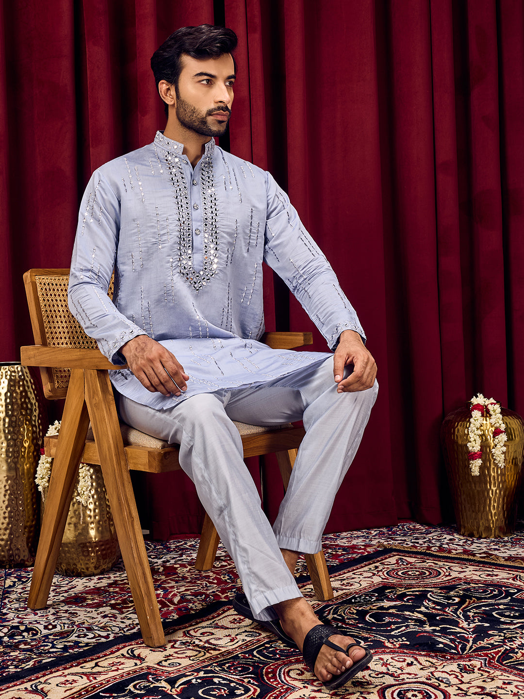 Roshni Blue Real Mirror Neck Kurta With Sequined Embroidery Kurta Set