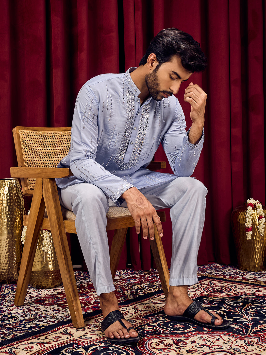 Roshni Blue Real Mirror Neck Kurta With Sequined Embroidery Kurta Set