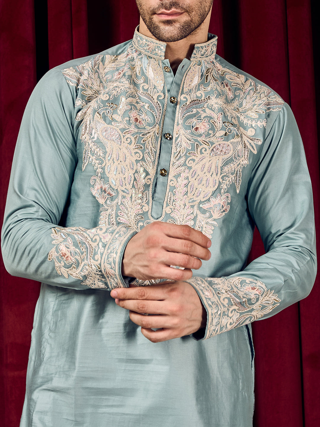 Celestial Solid Blue Neck Embroidered With Matching Sleeves On Pure Cotton Kurta Set