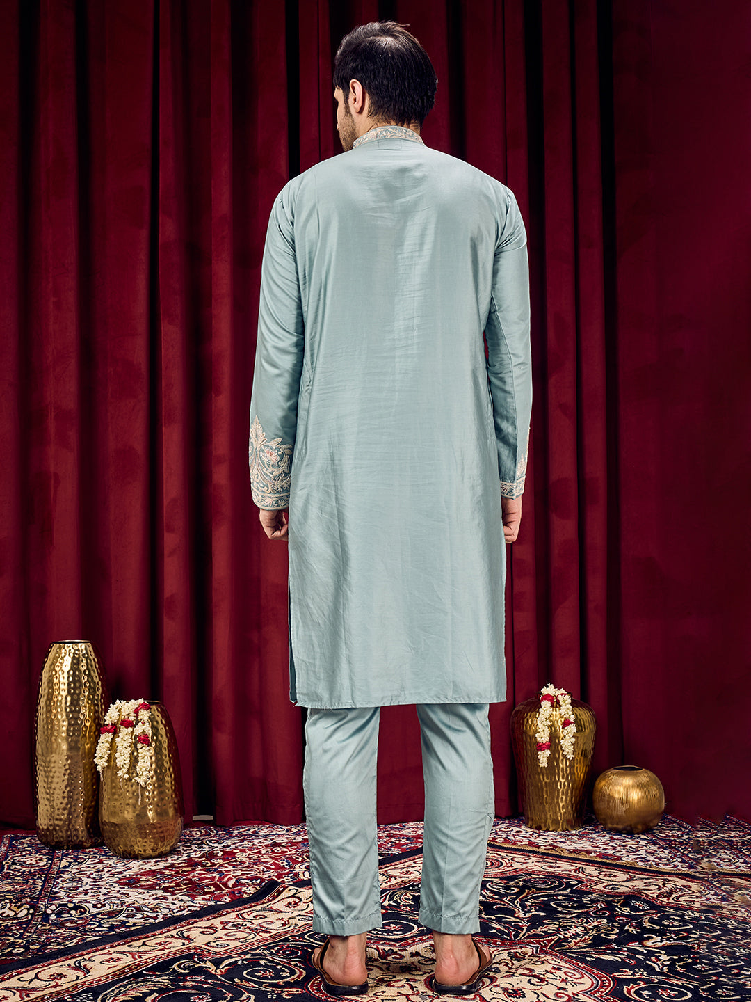 Celestial Solid Blue Neck Embroidered With Matching Sleeves On Pure Cotton Kurta Set