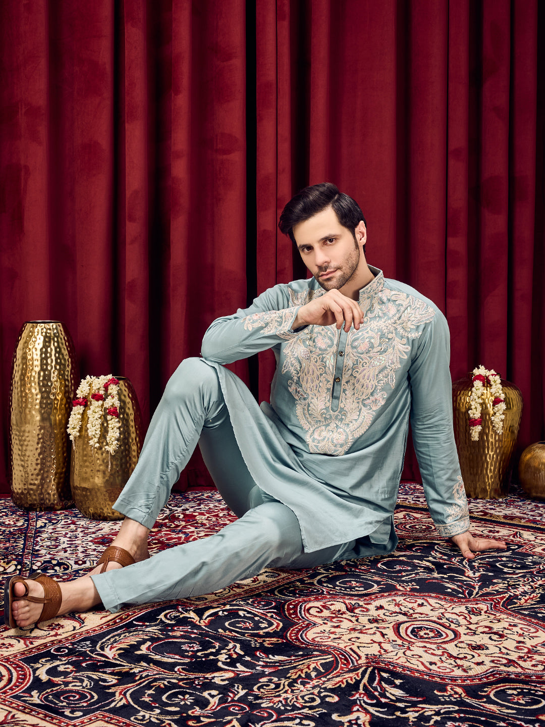 Celestial Solid Blue Neck Embroidered With Matching Sleeves On Pure Cotton Kurta Set