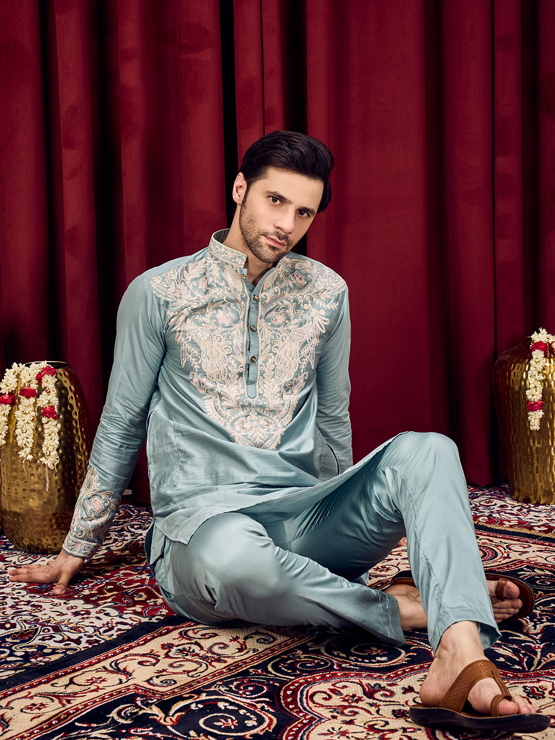 Celestial Solid Blue Neck Embroidered With Matching Sleeves On Pure Cotton Kurta Set