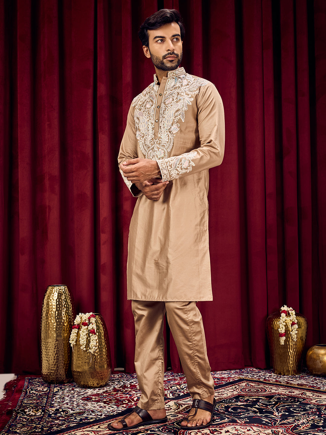 Celestial Rustic Brown Neck Embroidered With Matching Sleeves On Pure Cotton Kurta Set