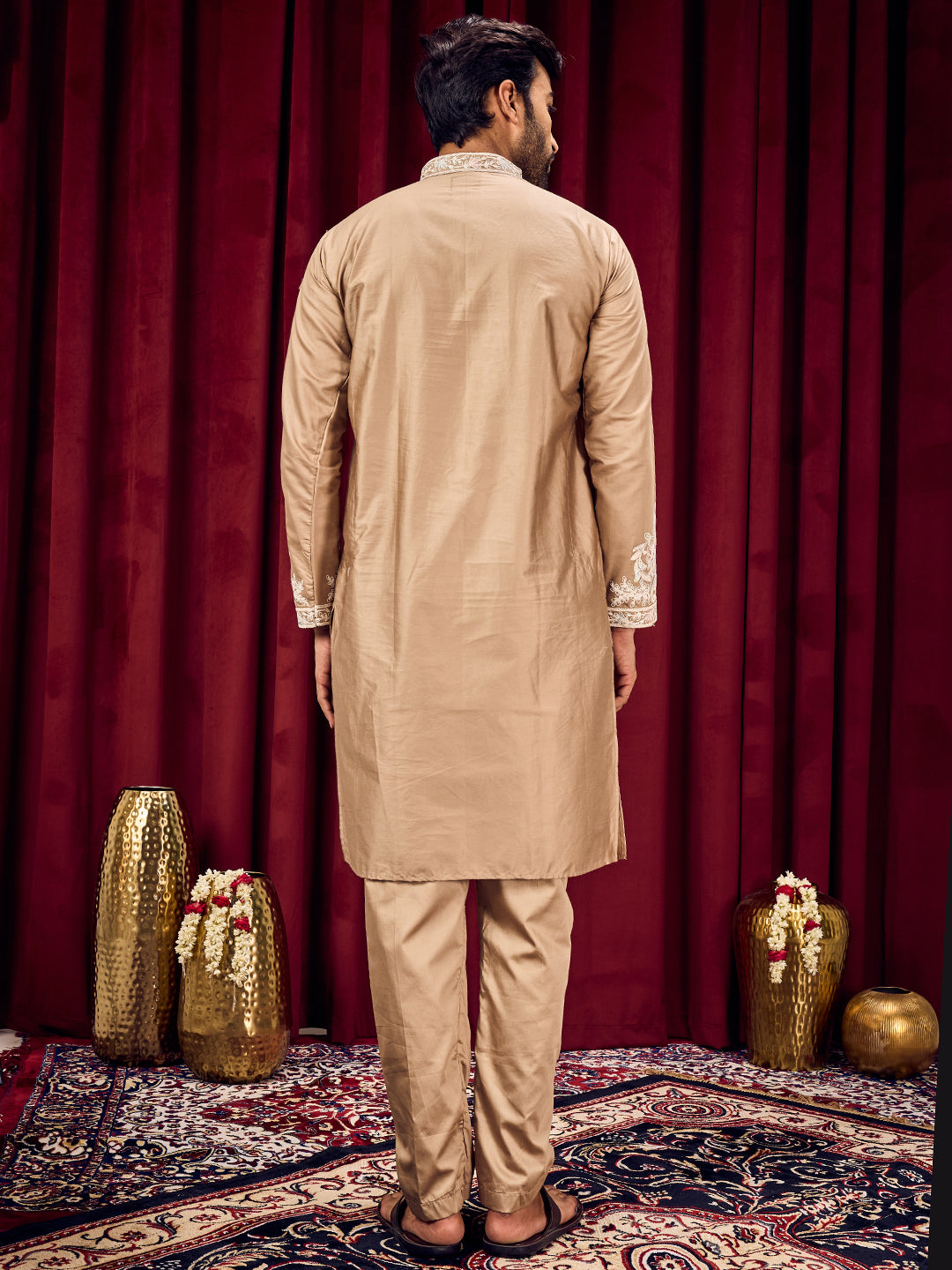 Celestial Rustic Brown Neck Embroidered With Matching Sleeves On Pure Cotton Kurta Set