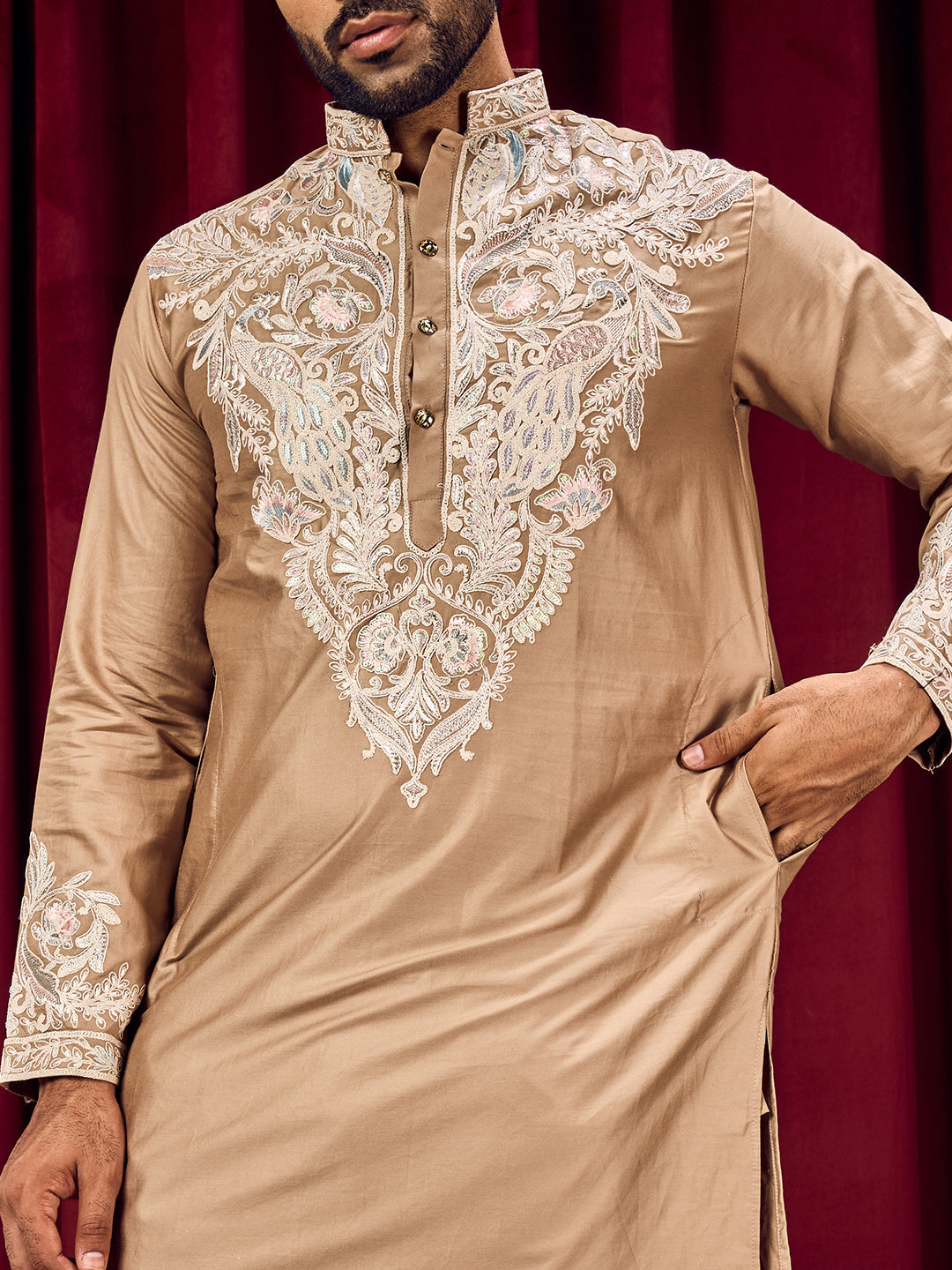 Celestial Rustic Brown Neck Embroidered With Matching Sleeves On Pure Cotton Kurta Set