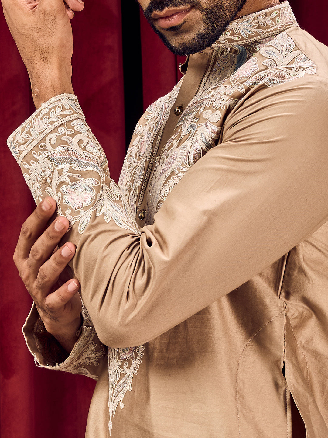 Celestial Rustic Brown Neck Embroidered With Matching Sleeves On Pure Cotton Kurta Set