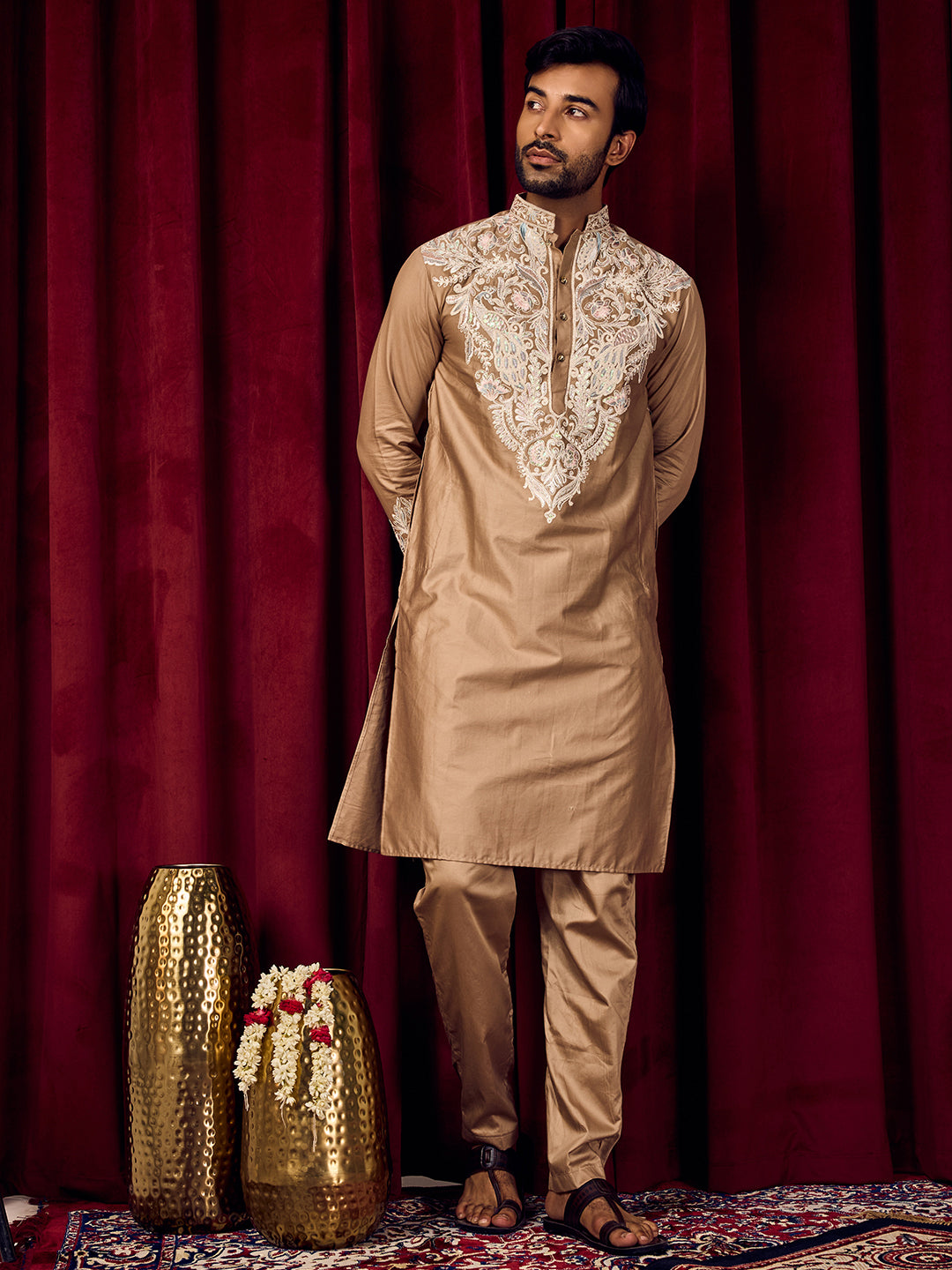Celestial Rustic Brown Neck Embroidered With Matching Sleeves On Pure Cotton Kurta Set