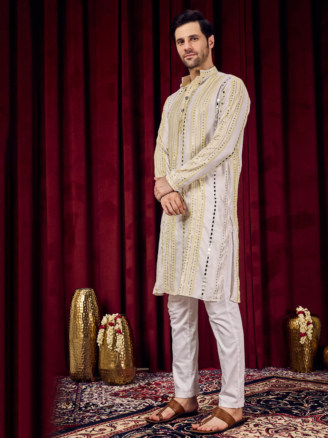 Rang Leheriya Yellow Foiled Mirror Striped Work Kurta Set