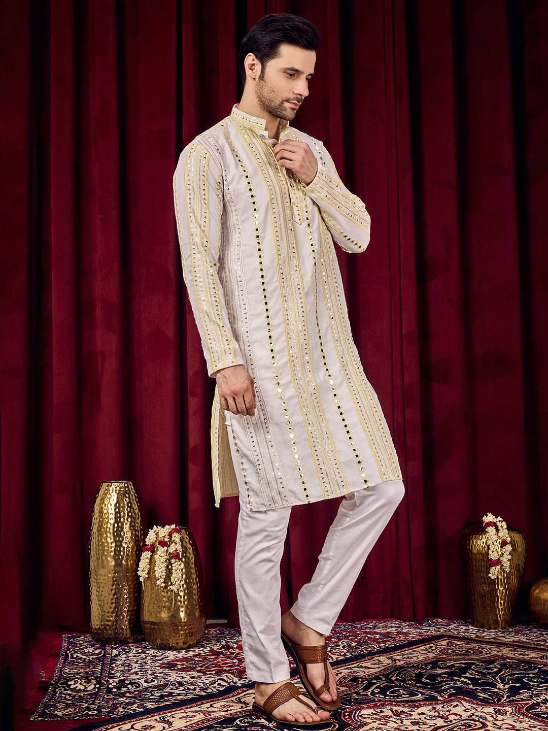 Rang Leheriya Yellow Foiled Mirror Striped Work Kurta Set