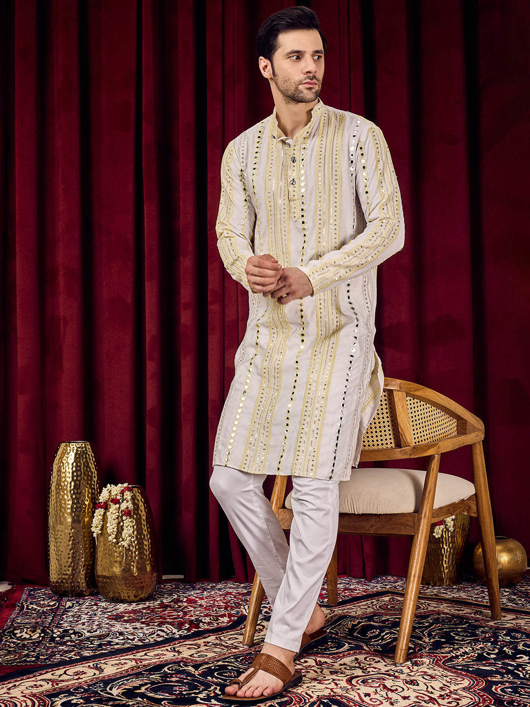 Rang Leheriya Yellow Foiled Mirror Striped Work Kurta Set