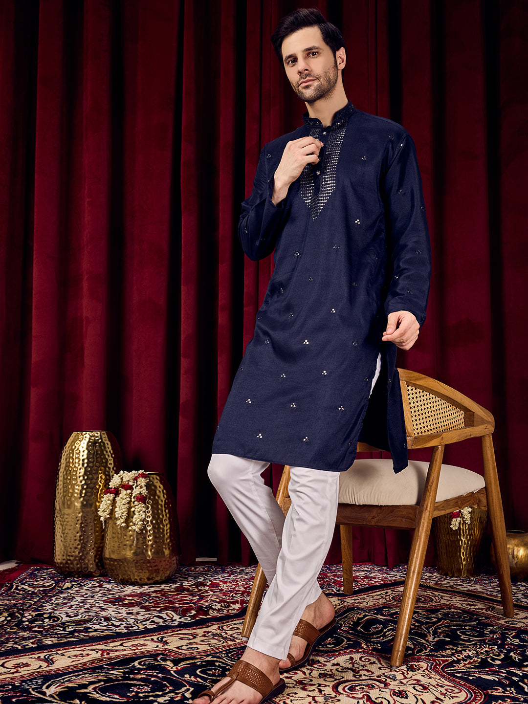 Desi Gleam Navy Blue Neck Sequined Kurta With Pant