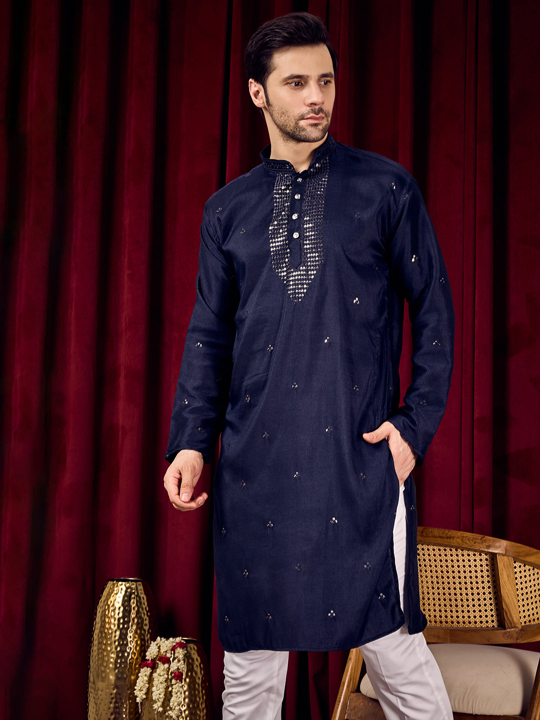 Desi Gleam Navy Blue Neck Sequined Kurta With Pant