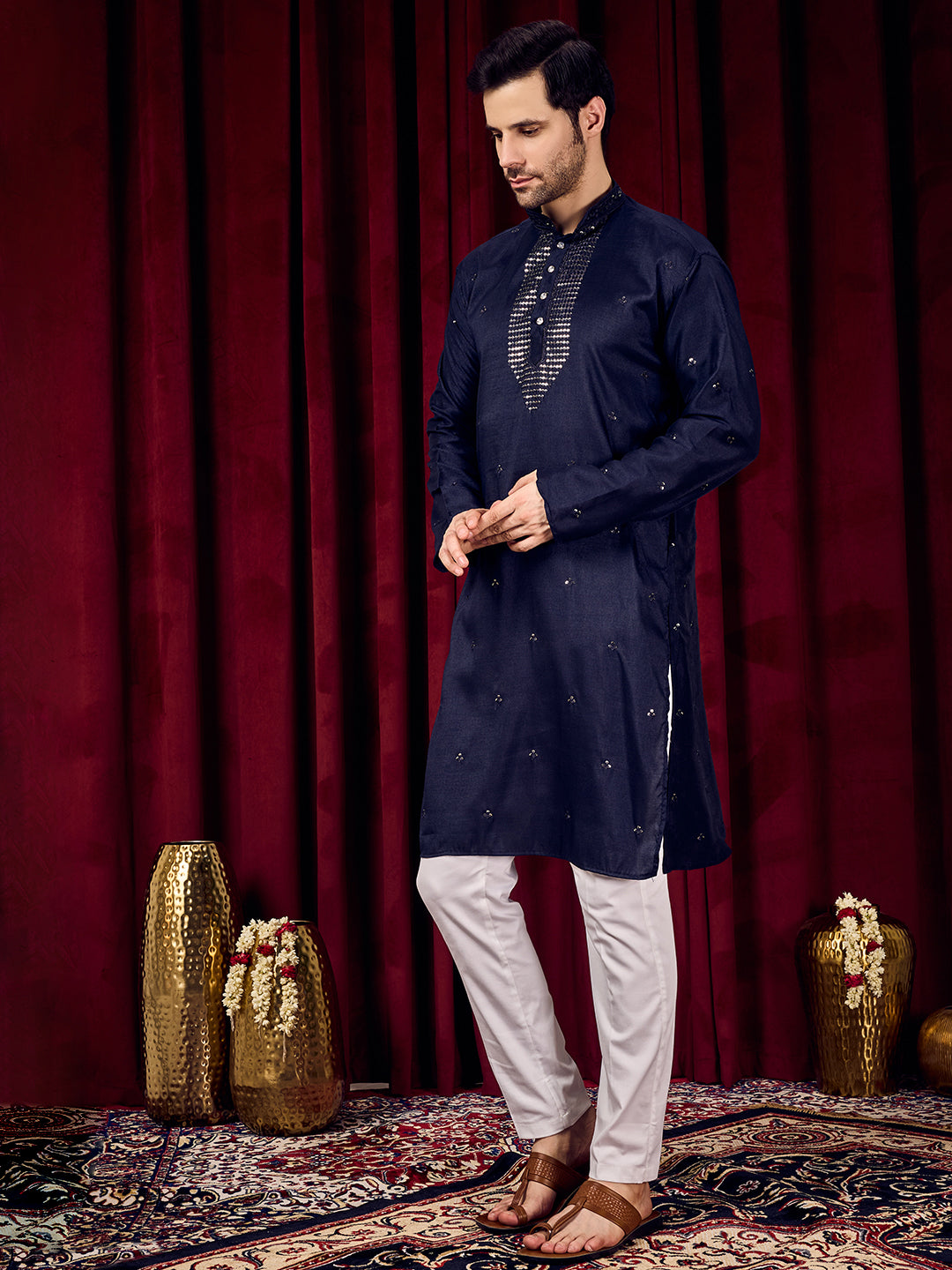 Desi Gleam Navy Blue Neck Sequined Kurta With Pant