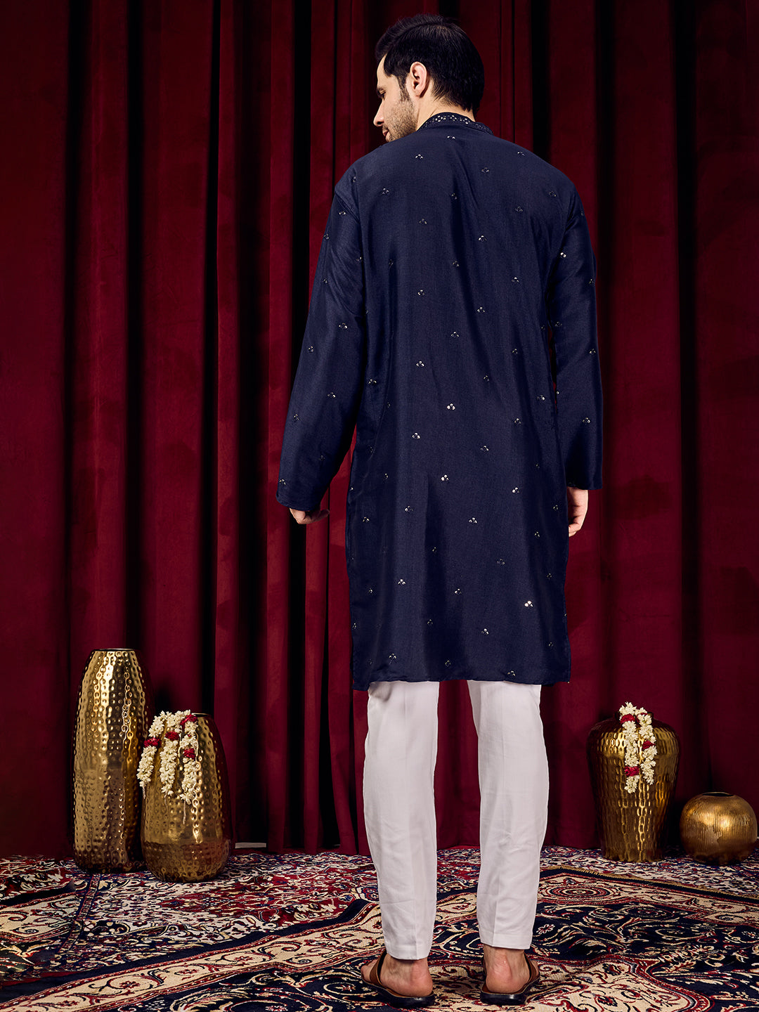 Desi Gleam Navy Blue Neck Sequined Kurta With Pant