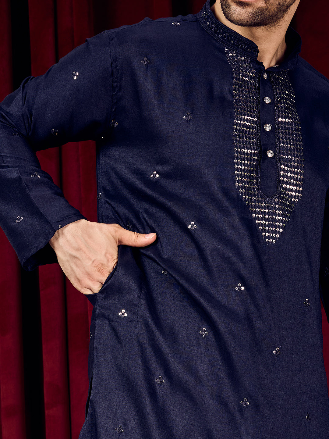 Desi Gleam Navy Blue Neck Sequined Kurta With Pant