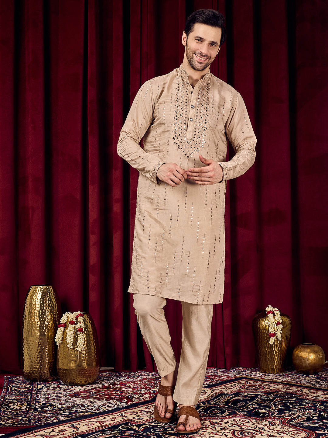 Roshni Beige Real-Mirror Neck Kurta With Sequined Embroidery Kurta Set