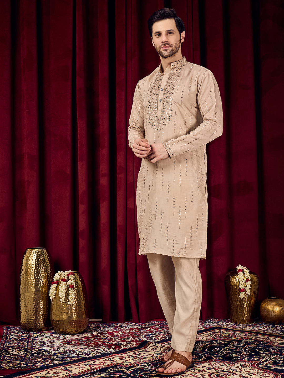 Roshni Beige Real-Mirror Neck Kurta With Sequined Embroidery Kurta Set