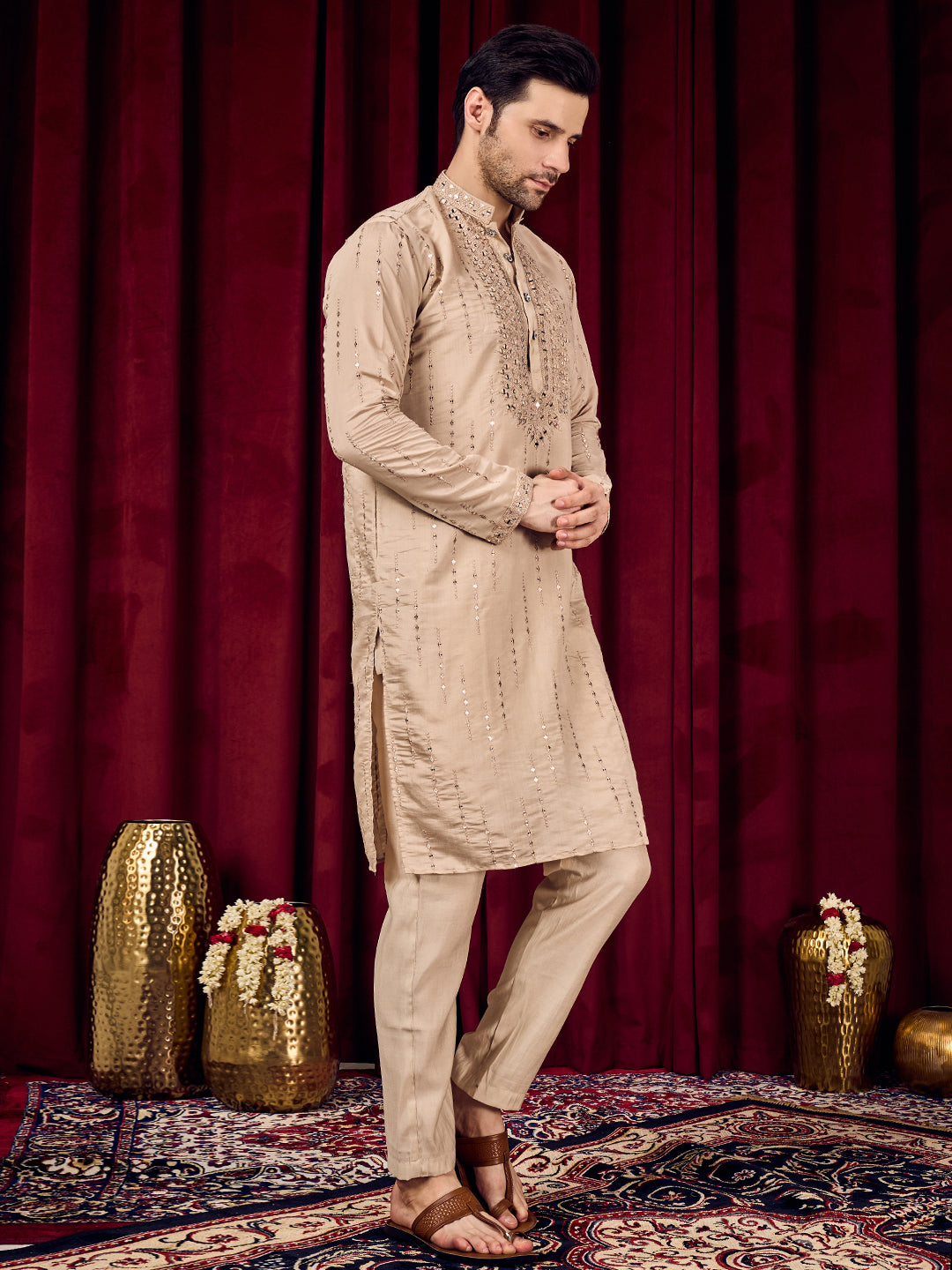 Roshni Beige Real-Mirror Neck Kurta With Sequined Embroidery Kurta Set