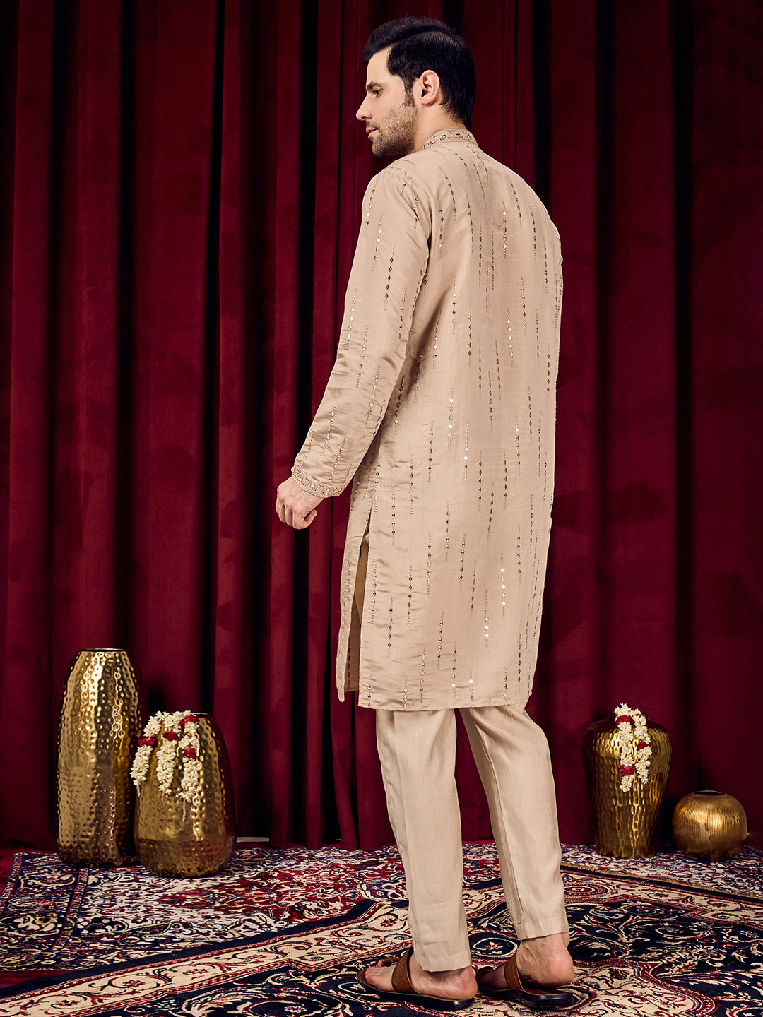 Roshni Beige Real-Mirror Neck Kurta With Sequined Embroidery Kurta Set