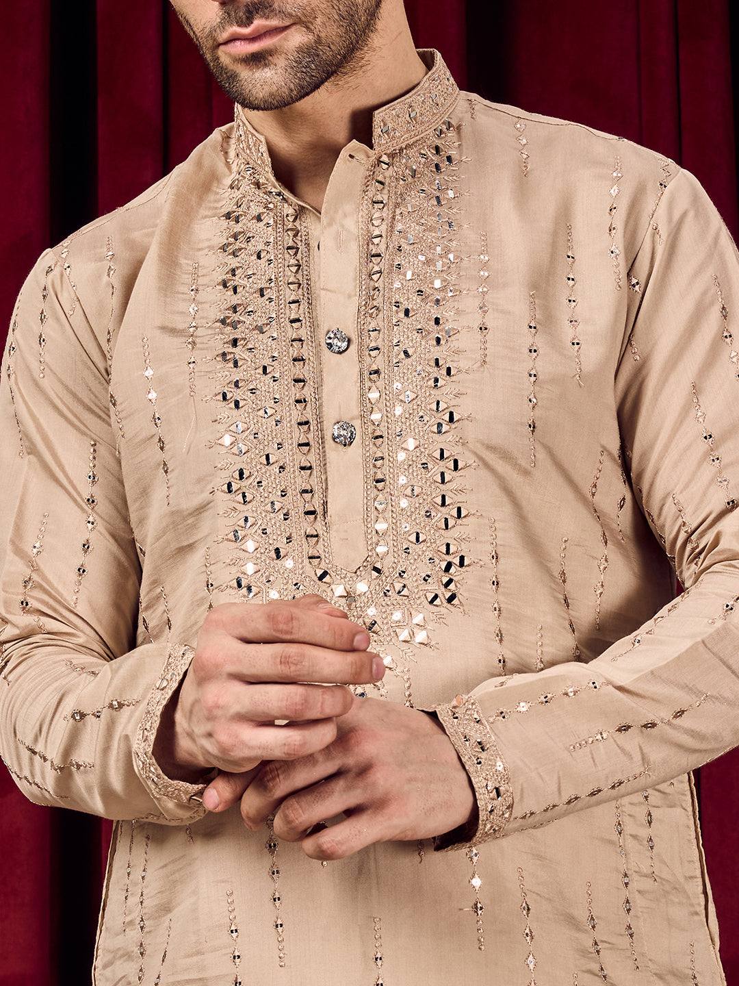 Roshni Beige Real-Mirror Neck Kurta With Sequined Embroidery Kurta Set