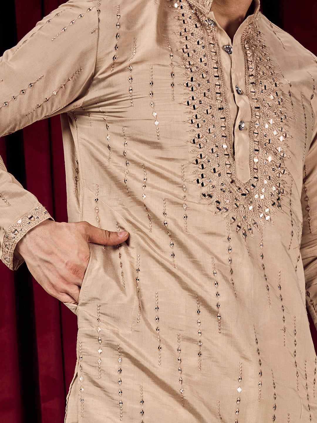 Roshni Beige Real-Mirror Neck Kurta With Sequined Embroidery Kurta Set