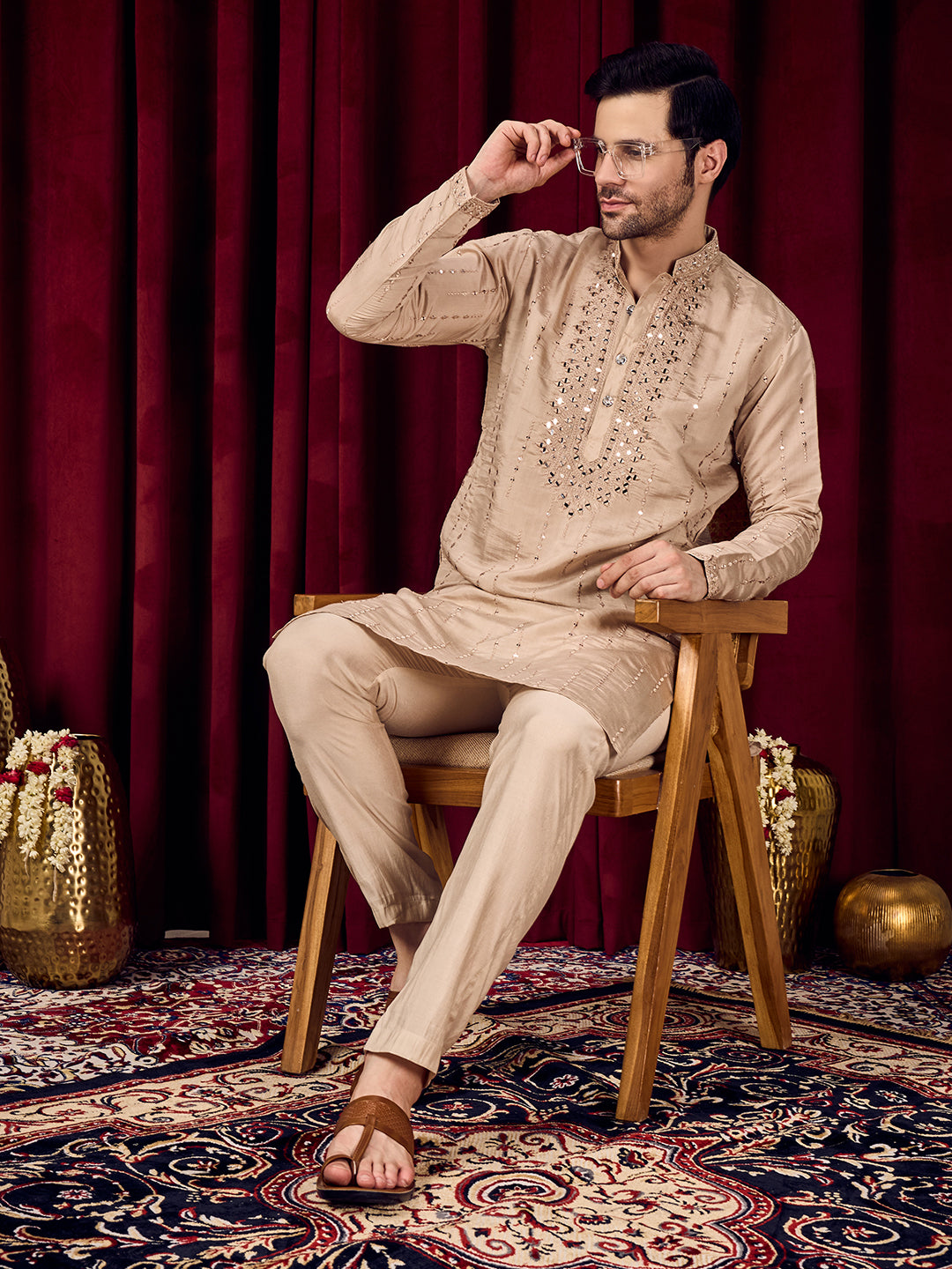 Roshni Beige Real-Mirror Neck Kurta With Sequined Embroidery Kurta Set