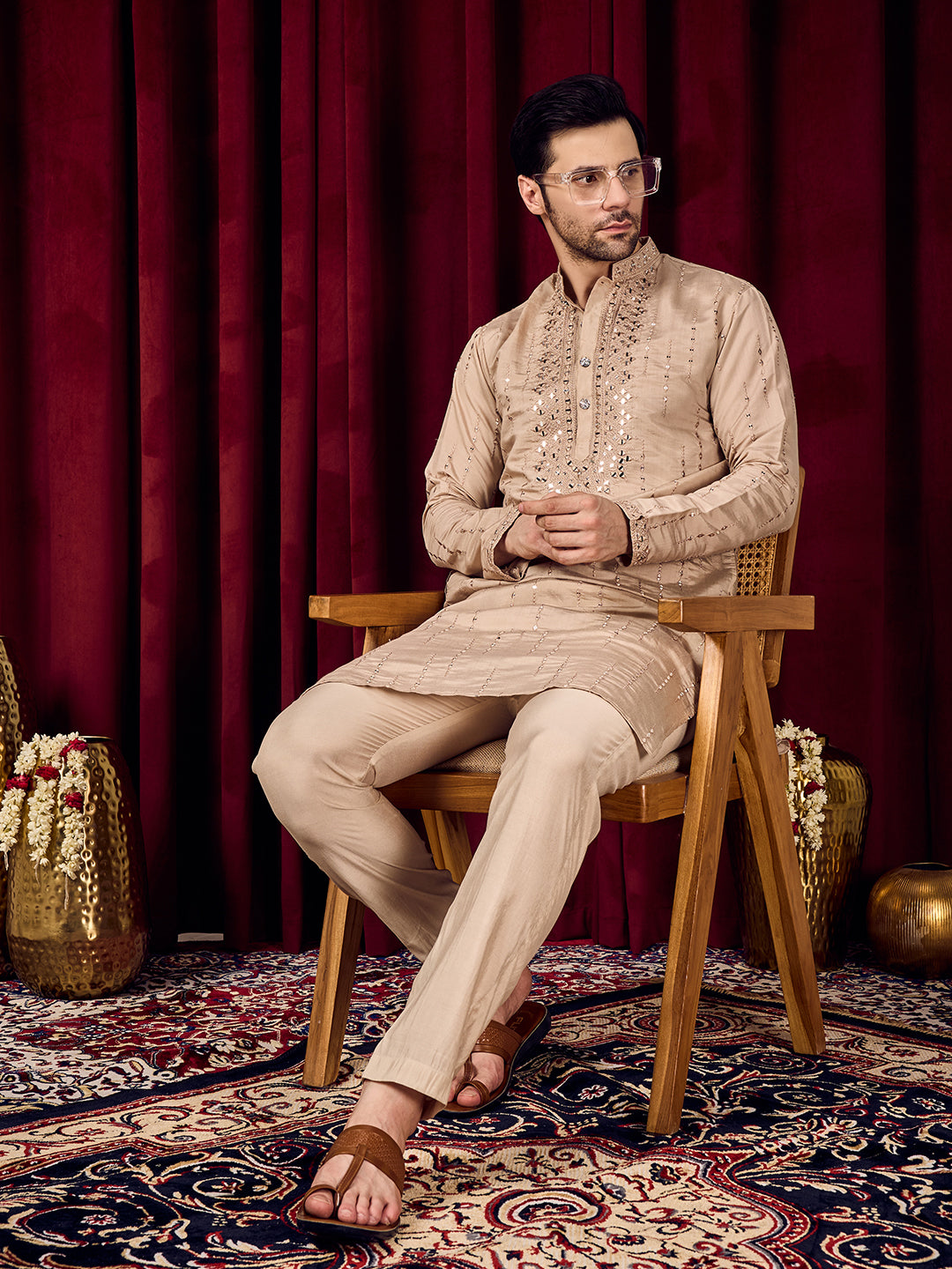 Roshni Beige Real-Mirror Neck Kurta With Sequined Embroidery Kurta Set