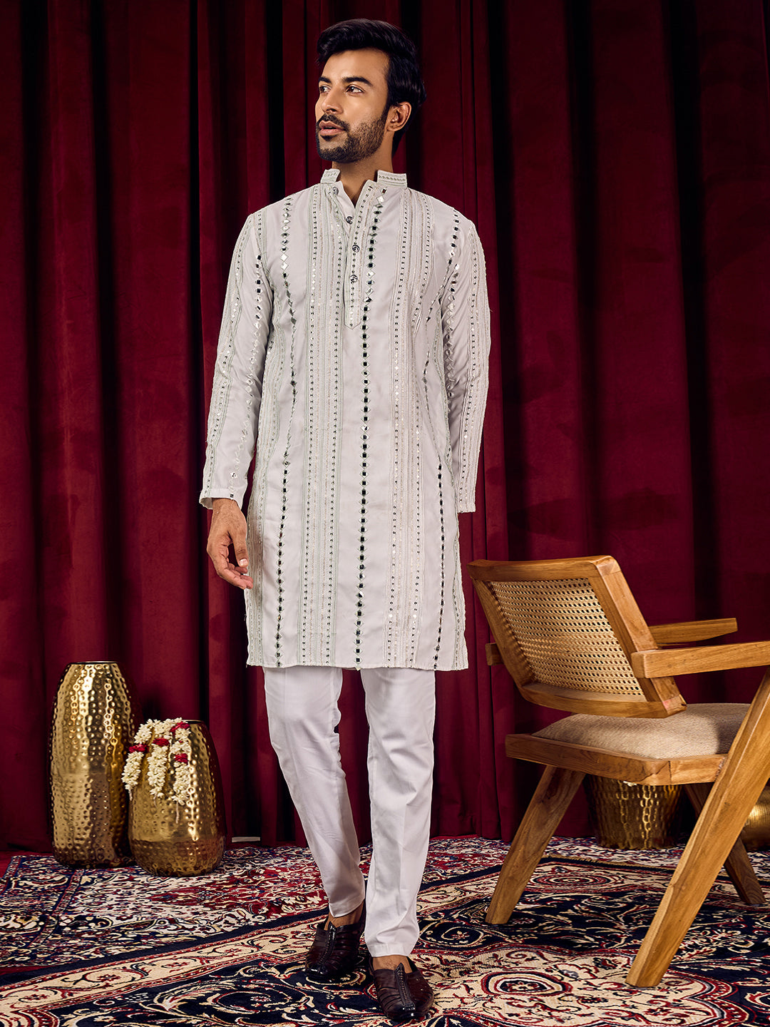 Rang Leheriya Sea Green Foiled Mirror Striped Work Kurta Set