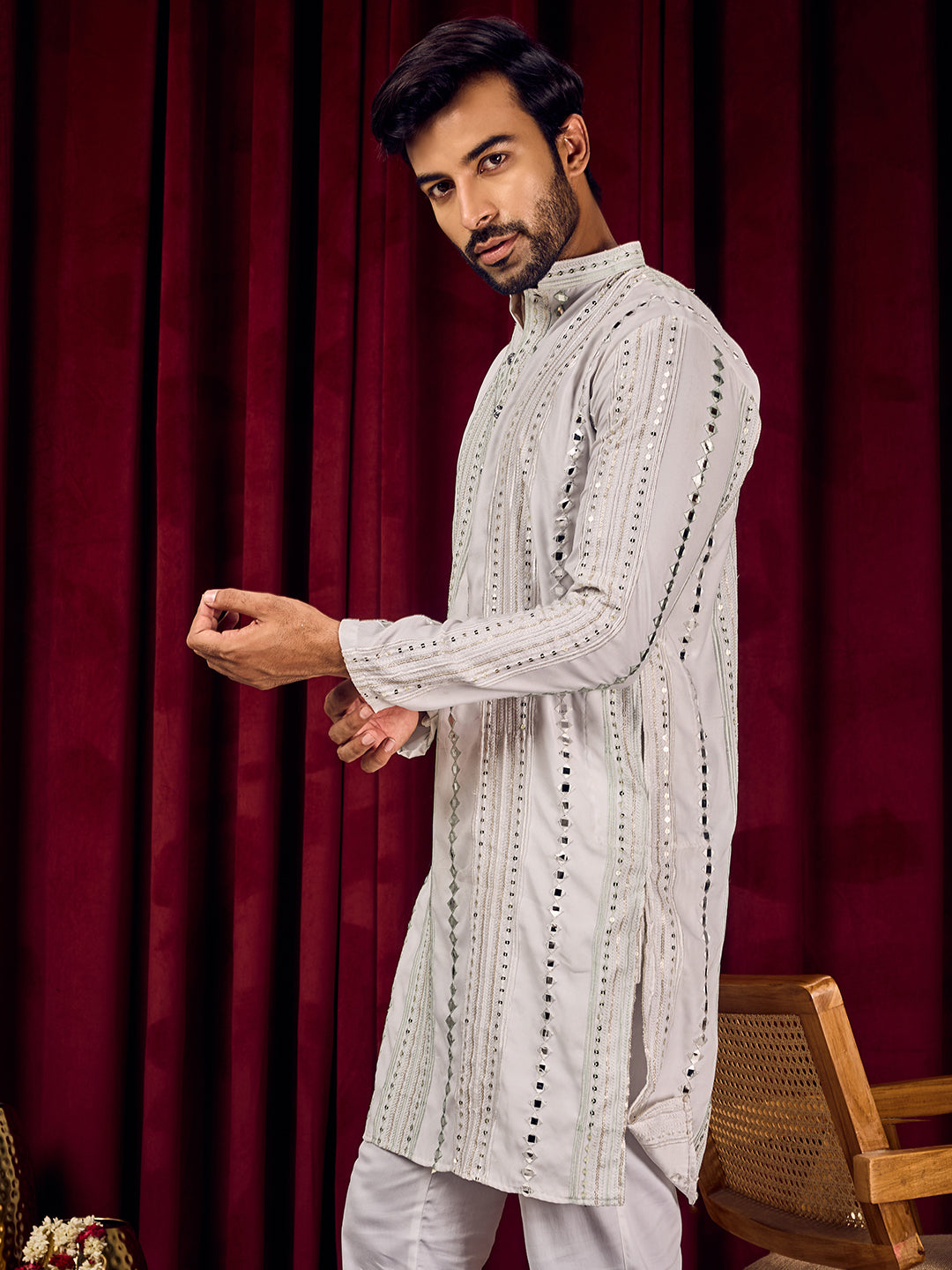 Rang Leheriya Sea Green Foiled Mirror Striped Work Kurta Set