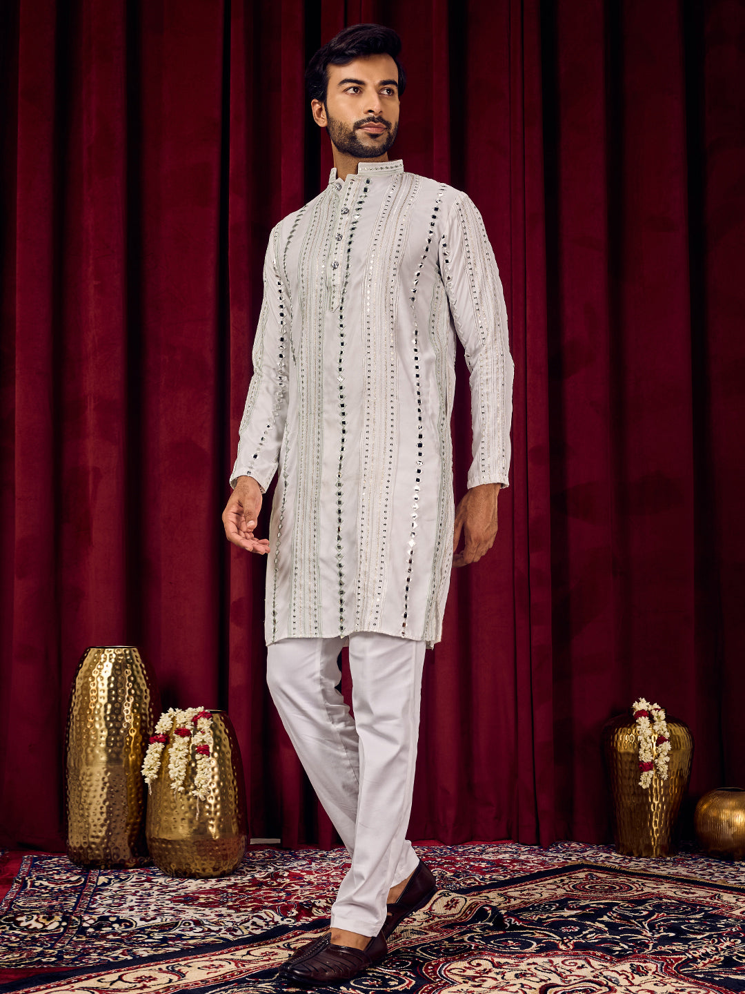 Rang Leheriya Sea Green Foiled Mirror Striped Work Kurta Set