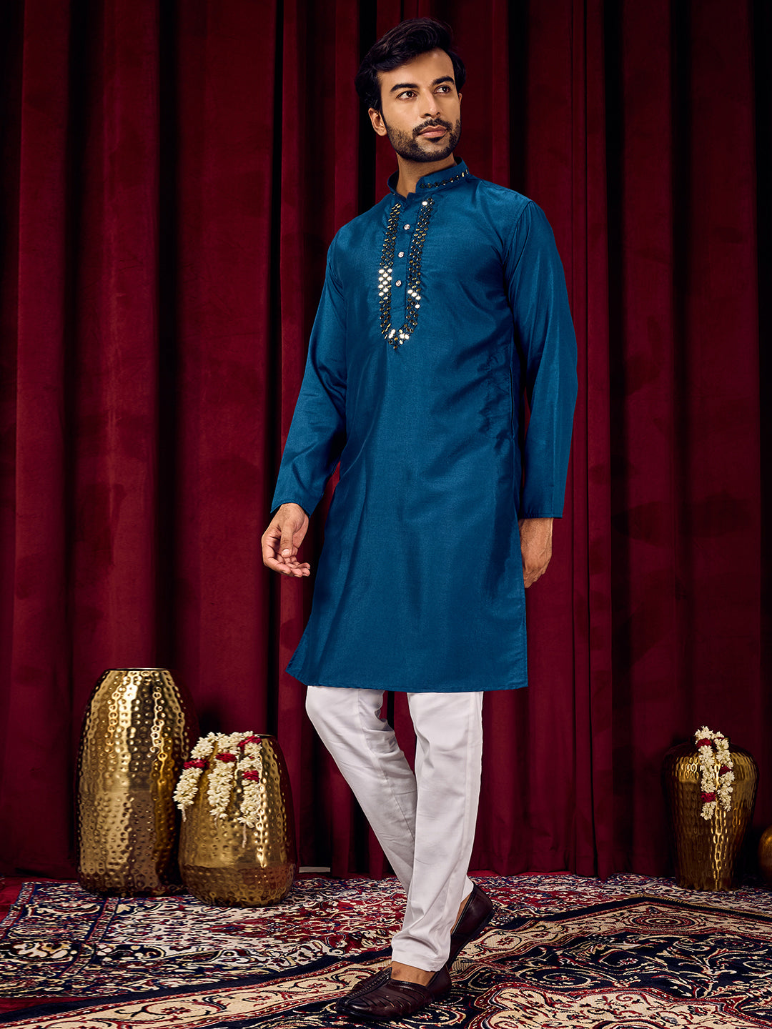 Sparkle Symphony Royal Blue Real Mirror Neck Embroidered Kurta-pant set