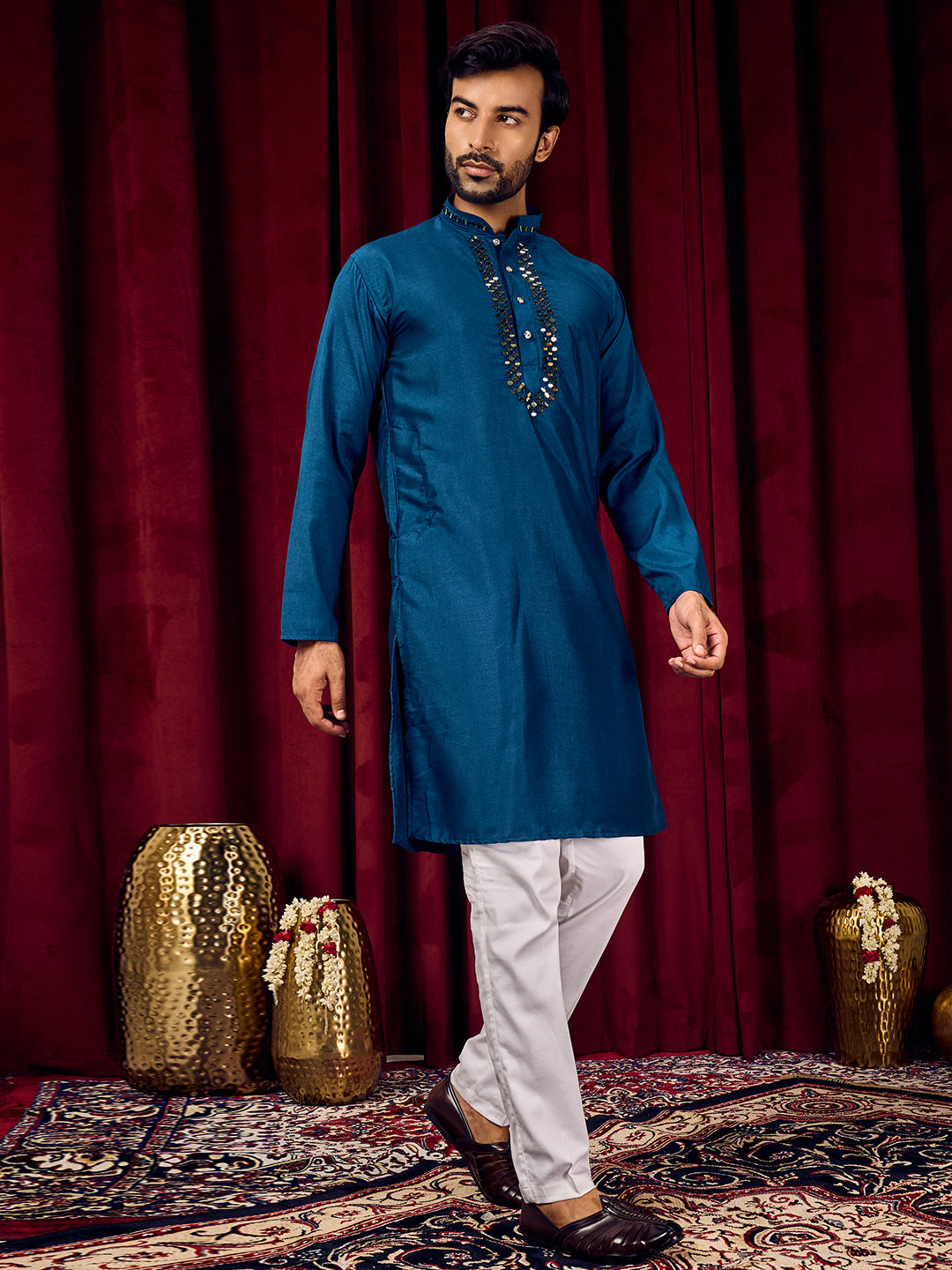 Sparkle Symphony Royal Blue Real Mirror Neck Embroidered Kurta-pant set