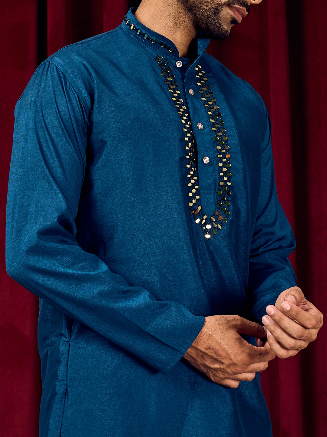 Sparkle Symphony Royal Blue Real Mirror Neck Embroidered Kurta-pant set