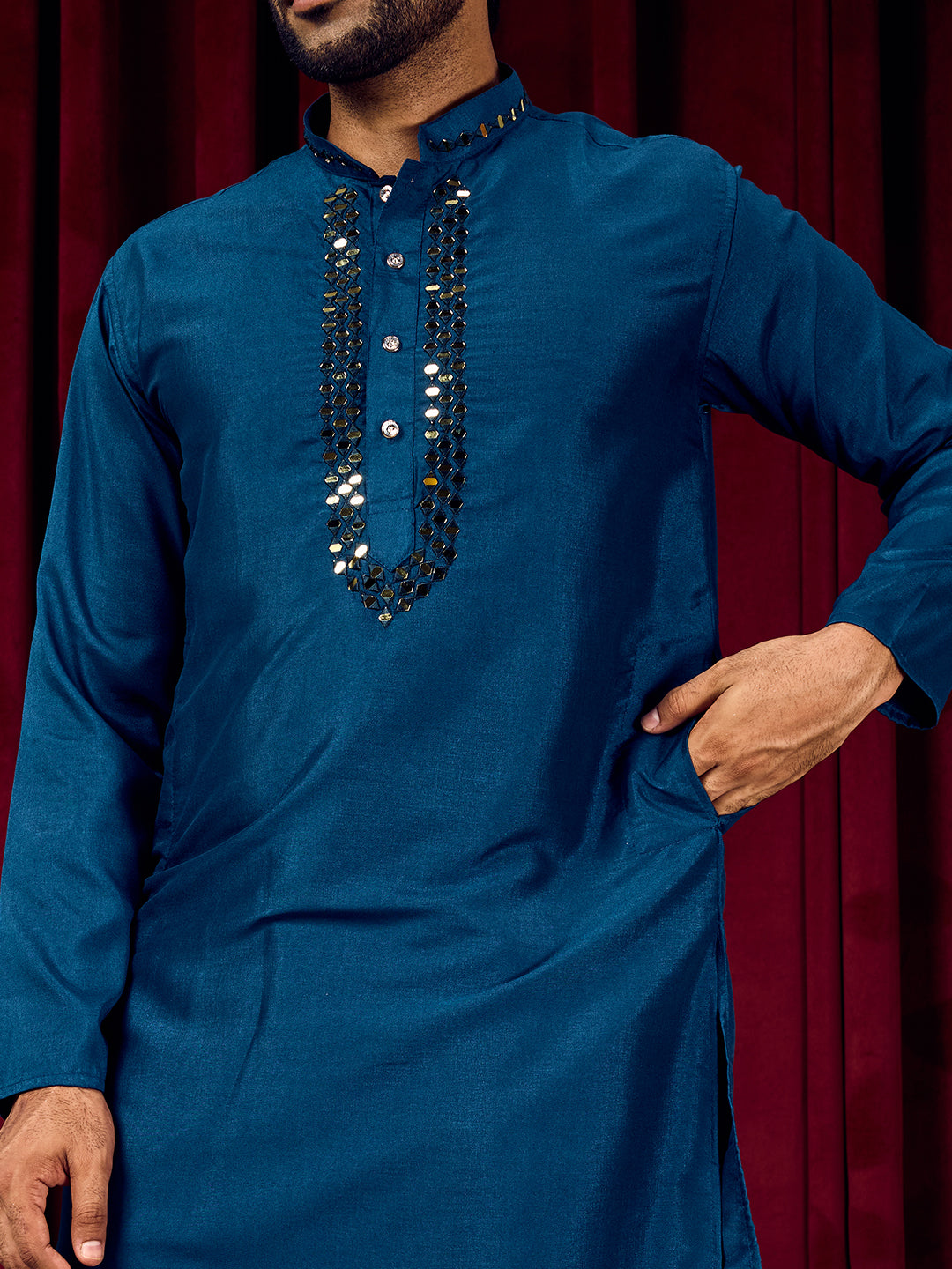 Sparkle Symphony Royal Blue Real Mirror Neck Embroidered Kurta-pant set