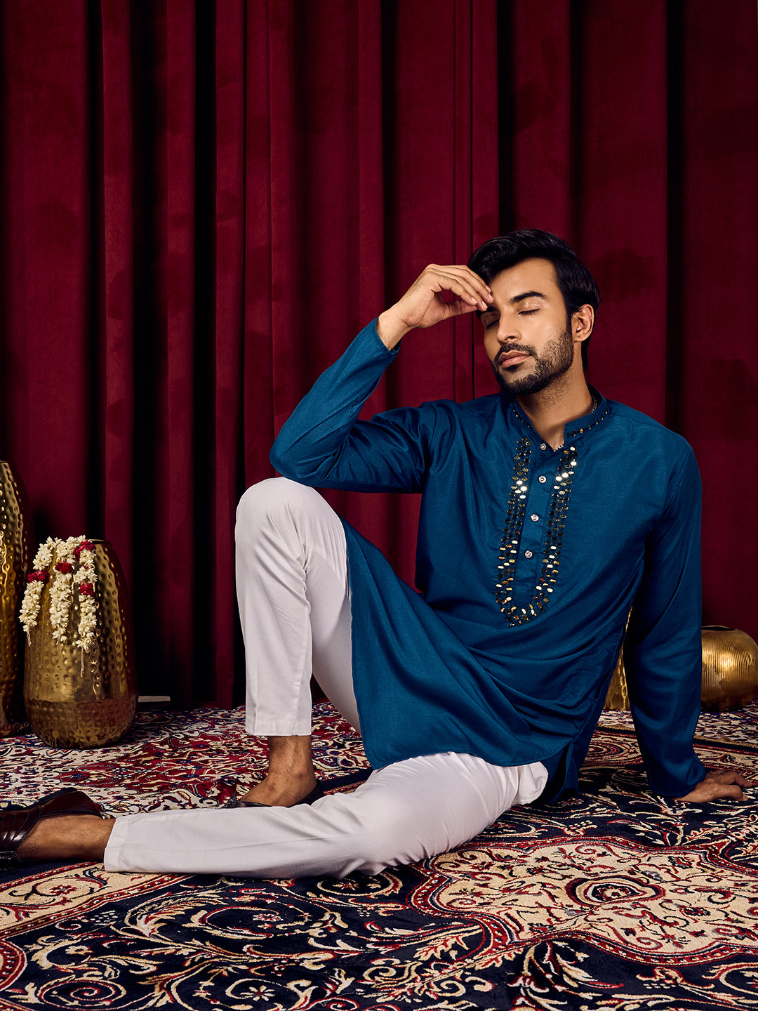 Sparkle Symphony Royal Blue Real Mirror Neck Embroidered Kurta-pant set