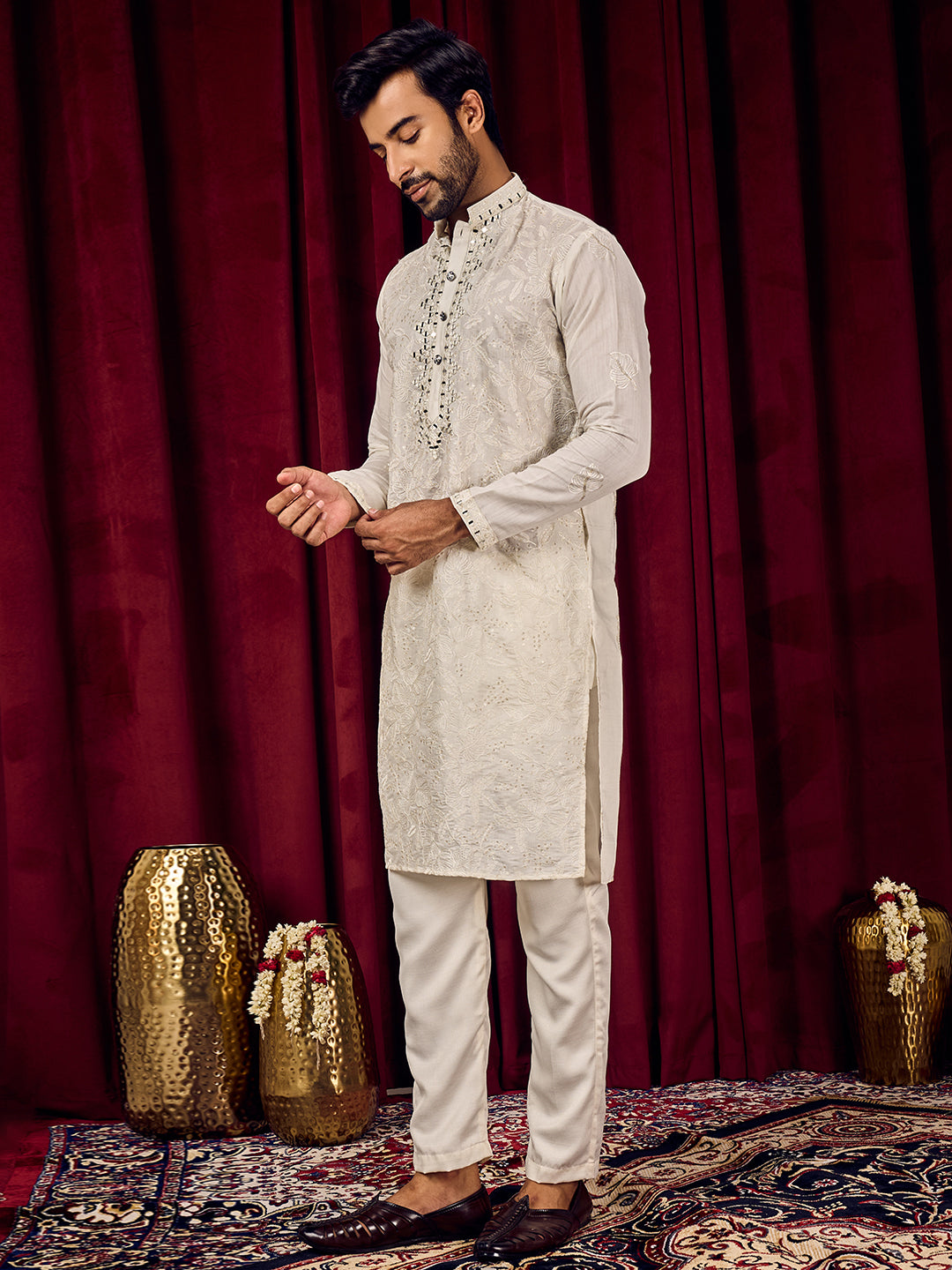 Roshni Ivory Real Mirror Neck Kurta With Sequins Embroidery Kurta Set