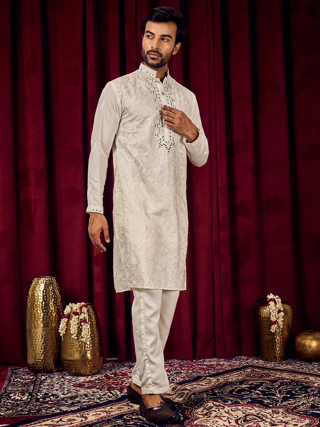 Roshni Ivory Real Mirror Neck Kurta With Sequins Embroidery Kurta Set