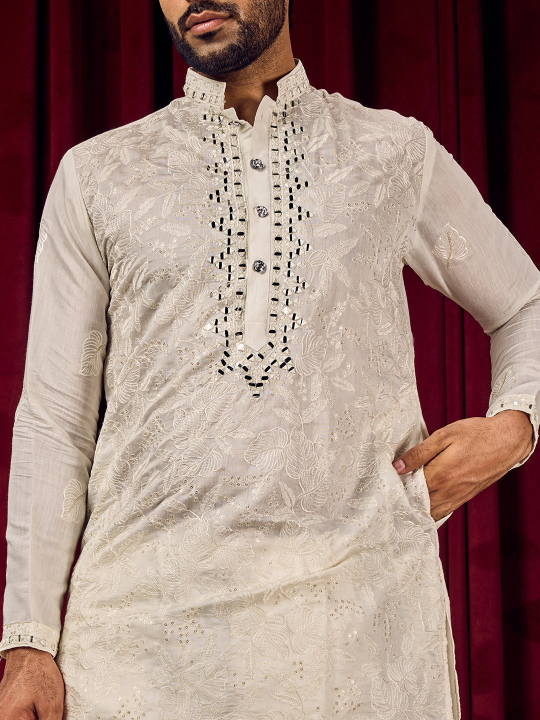 Roshni Ivory Real Mirror Neck Kurta With Sequins Embroidery Kurta Set