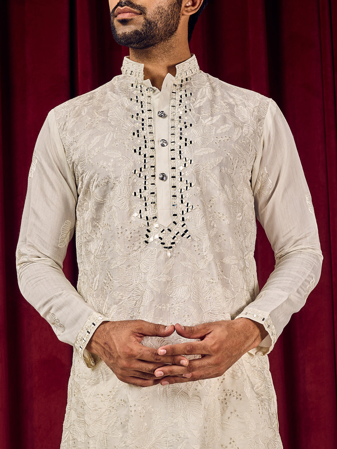 Roshni Ivory Real Mirror Neck Kurta With Sequins Embroidery Kurta Set