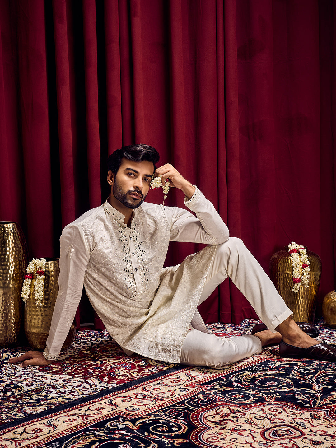 Roshni Ivory Real Mirror Neck Kurta With Sequins Embroidery Kurta Set