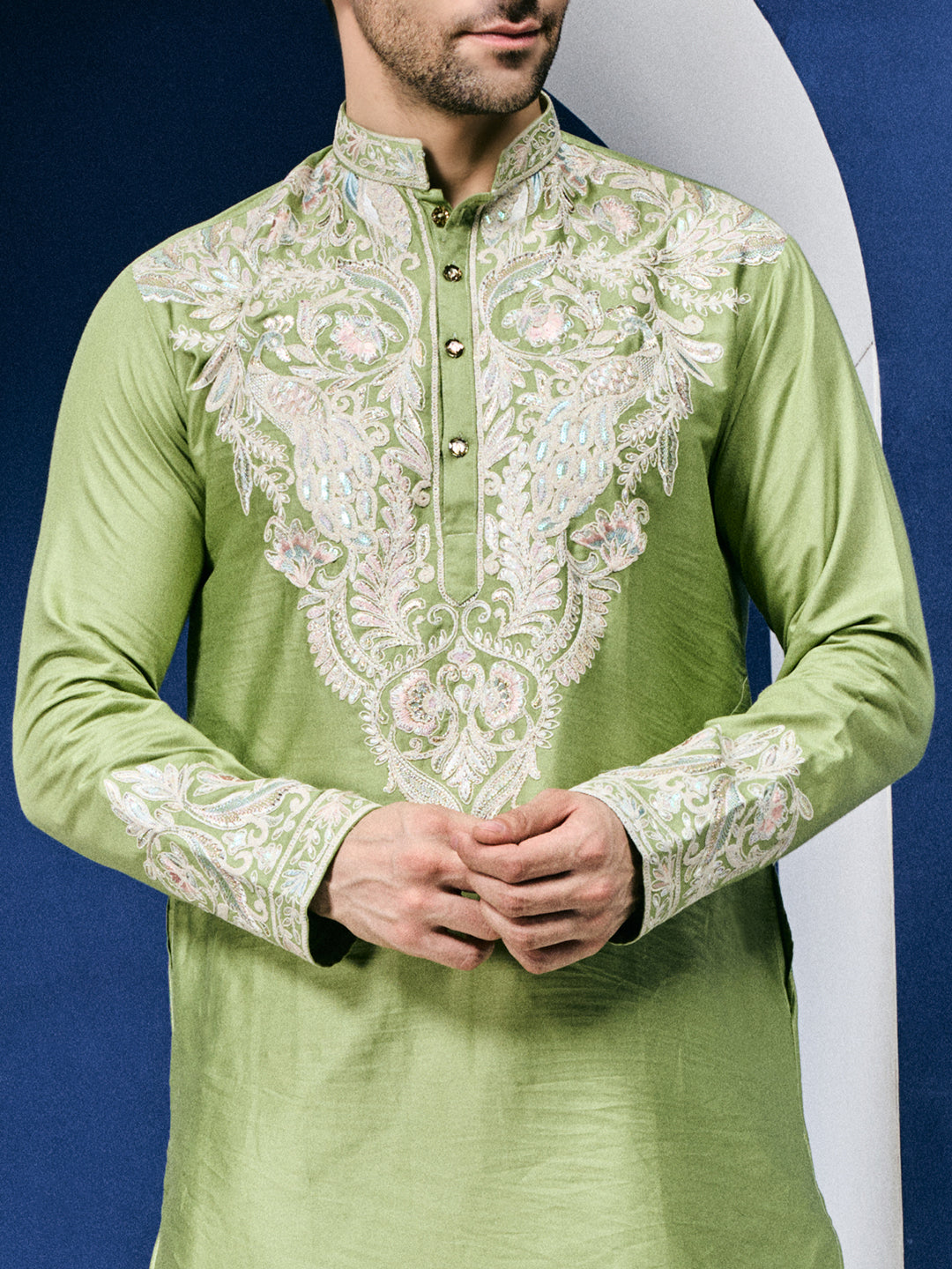 Celestial Pastel Green Neck Embroidered With Matching Sleeves On Pure Cotton Kurta Set