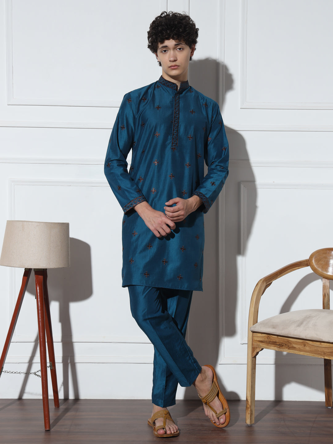 Navy Blue Butta Embroidered Pure Cotton Kurta Set