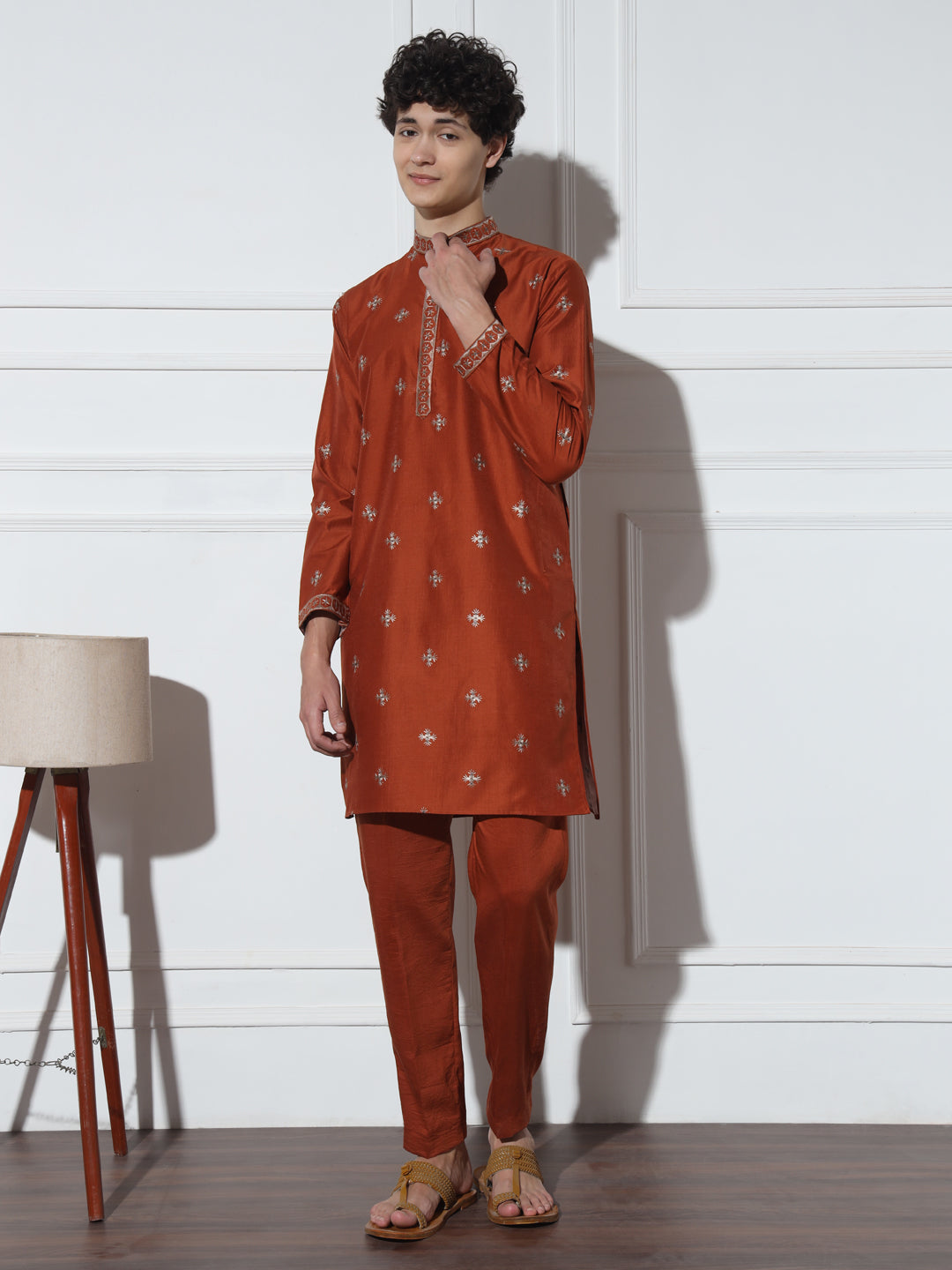 Fire Orange Butta Embroidered Pure Cotton Kurta Set