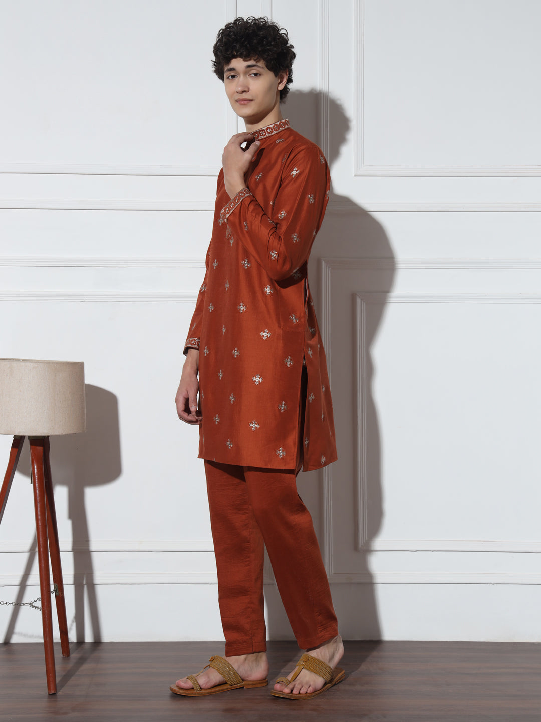 Fire Orange Butta Embroidered Pure Cotton Kurta Set