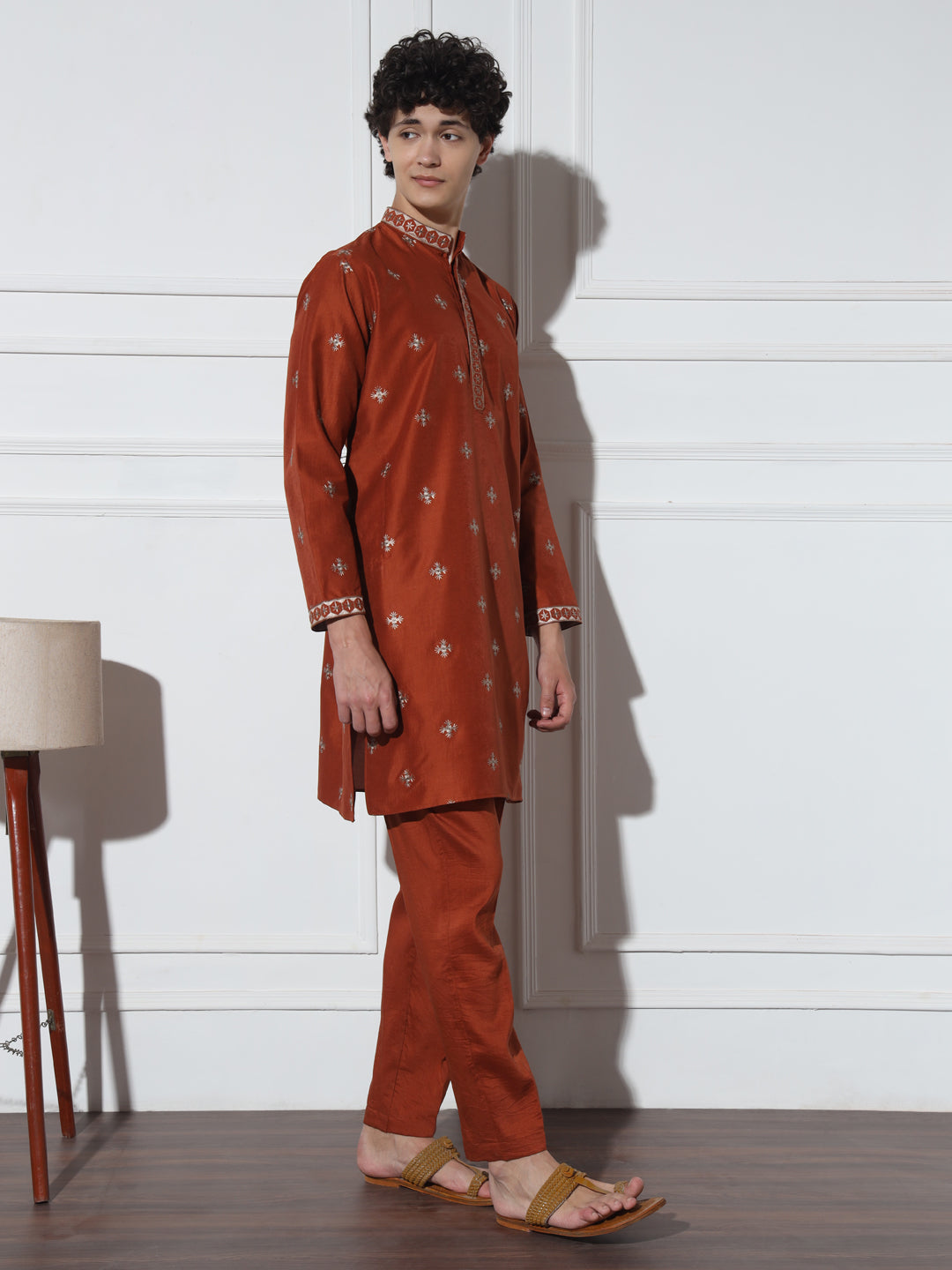 Fire Orange Butta Embroidered Pure Cotton Kurta Set