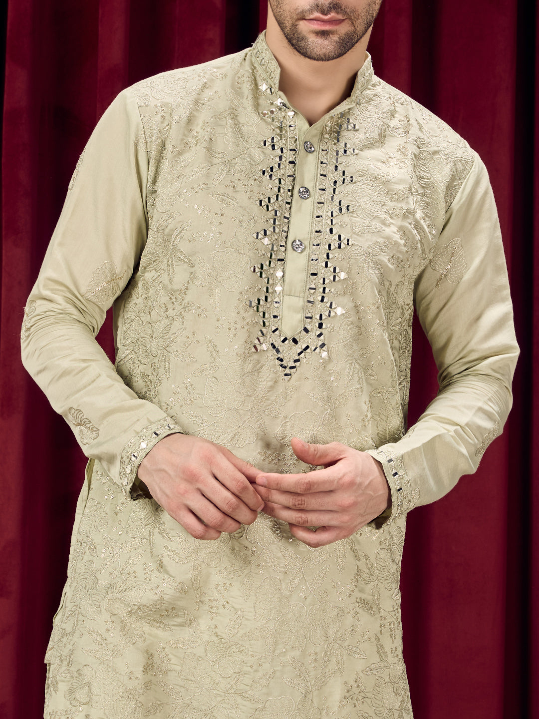 Roshni Olive Real Mirror Neck Kurta With Sequins Embroidery Kurta Set